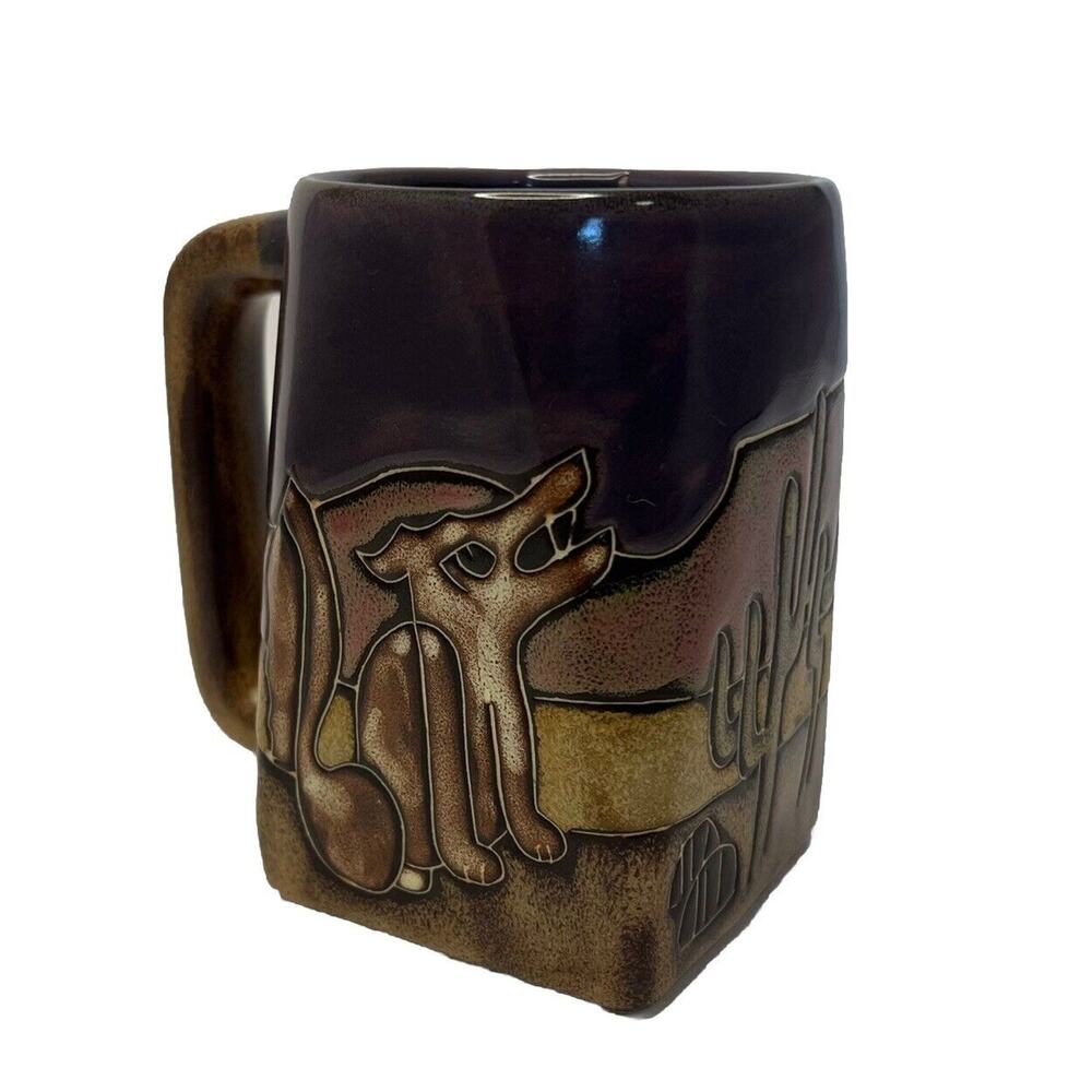 Mara Mexico Wolf Coyote Cactus Signed Stoneware Howling at the Moon Coffee Mug